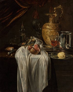 Still life with ewer, vessels, lemon, marzipan and pomegranate by Willem Kalf Oil Painting