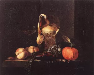 Still-Life with Silver Bowl, Glasses, and Fruit by Willem Kalf - Oil Painting Reproduction