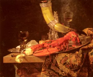 Still Life with the Drinking-Horn of the Saint Sebastian Archers' Guild, Lobster and Glasses by Willem Kalf Oil Painting