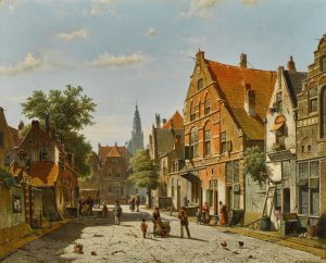 A Sunny Street with a Distant Church Tower by Willem Koekkoek Oil Painting