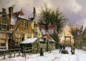 A Townview with Figures on a Snow Covered Street Oil painting by Willem Koekkoek