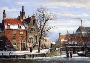 A View in a Town in Winter with Skaters on a Frozen Canal painting by Willem Koekkoek
