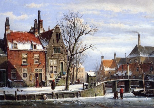 A View in a Town in Winter with Skaters on a Frozen Canal
