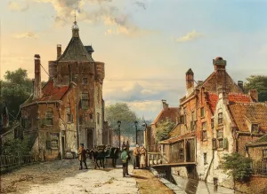 A View of a Netherlandish Town with Figures Chattering by Willem Koekkoek Oil Painting