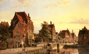Figures by a Canal in a Dutch Town painting by Willem Koekkoek