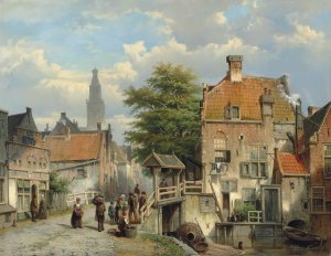 Figures on a bridge by a Dutch canal by Willem Koekkoek Oil Painting
