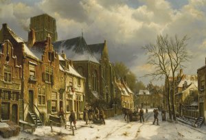 Winter In The Streets Of A Dutch Town by Willem Koekkoek Oil Painting