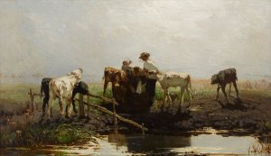 Calves at a trough by Willem Maris Oil Painting