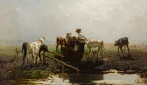 Calves at a trough Oil painting by Willem Maris