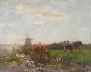 Cattle Grazing at the Water's Edge by Willem Maris Oil Painting