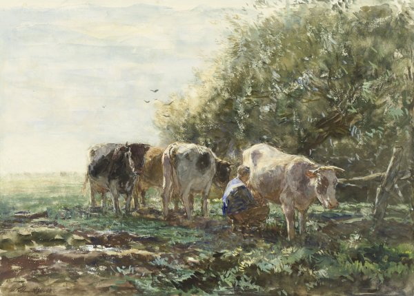 The Milking Pen  by Willem Maris - Hand-Painted Oil Painting Reproduction