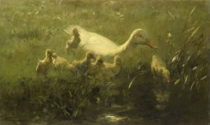 Witte eend met kiekens by Willem Maris Oil Painting