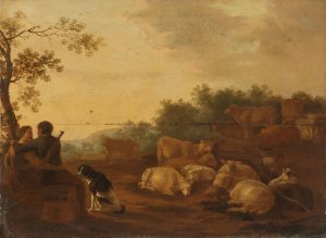 Landscape with sheperd, sheperdess and cattle by Willem Ossenbeeck Oil Painting