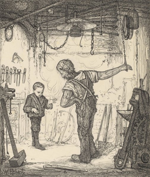 Jongen en geketende man in een werkplaats  by Willem Pothast - Hand-Painted Oil Painting Reproduction
