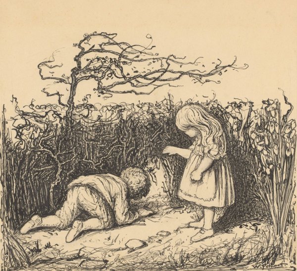 Jongen en meisje bij een struik  by Willem Pothast - Hand-Painted Oil Painting Reproduction