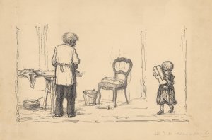 Man en kind aan het behangen by Willem Pothast Oil Painting
