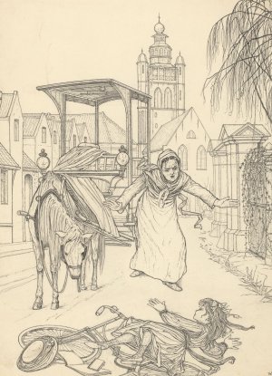 Meisje aangereden door een paardenkar by Willem Pothast Oil Painting