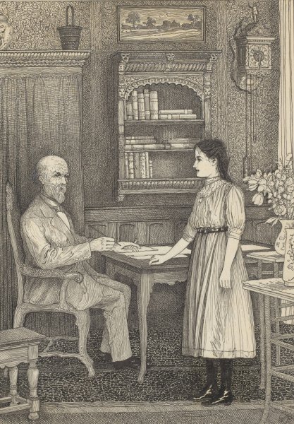 Meisje en schrijvende man bij een tafel  by Willem Pothast - Hand-Painted Oil Painting Reproduction