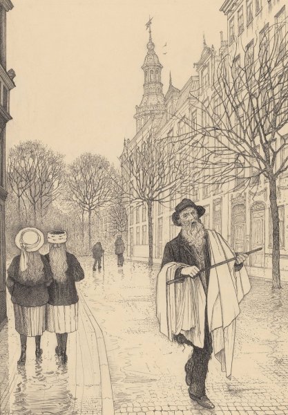 Oude man met stok op een straat  by Willem Pothast - Hand-Painted Oil Painting Reproduction