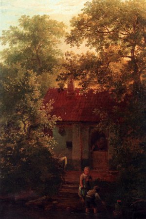 Children Playing with a Boat in a Stream, a Farmhouse Beyond by Willem Pouwelsen Oil Painting