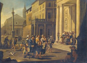 A Townscape With A Bishop Healing The Sick And Injured In Front Of A Church by Willem Reuter Oil Painting