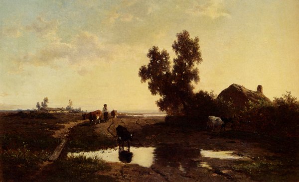 Main Product Photo of A Cowherd And His Cattle At Sunset Painting by Willem Roelofs