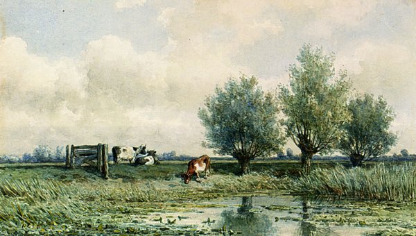 Main Product Photo of A Summer Landscape With Grazing Cows Painting by Willem Roelofs