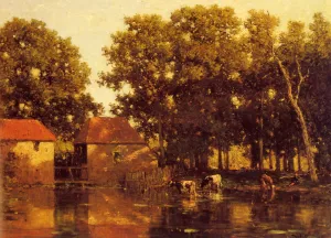 A Sunlit River Landscape With Cows Watering Oil painting by Willem Roelofs