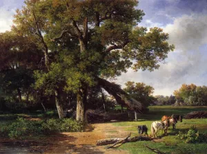 A Wooded Landscape with Farmers Gathering Wood Oil painting by Willem Roelofs