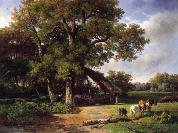 Main Product Photo of A Wooded Landscape with Farmers Gathering Wood Painting by Willem Roelofs