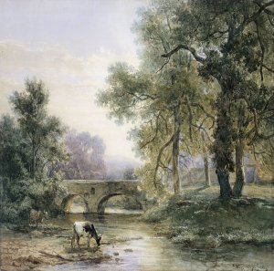 Boomrijk landschap met stenen brug over een rivier by Willem Roelofs Oil Painting