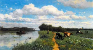 Cows Grazing Near a Canal, Schiedam by Willem Roelofs - Oil Painting Reproduction