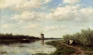Figures On A Country Road Along A Waterway, A Windmill In The Distance painting by Willem Roelofs