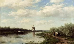 Figures On A Country Road Along A Waterway, A Windmill In The Distance