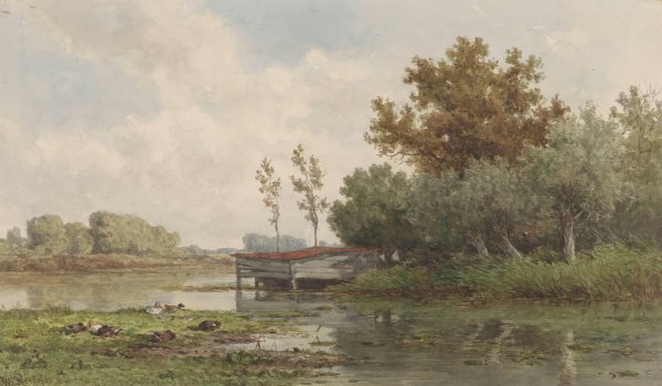Main Product Photo of Landschap met water en eenden  Painting by Willem Roelofs