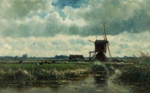 Polder landscape with windmill near Abcoude by Willem Roelofs Oil Painting