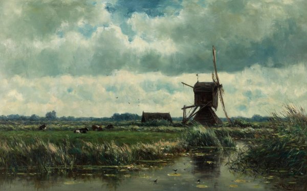 Main Product Photo of Polder landscape with windmill near Abcoude Painting by Willem Roelofs