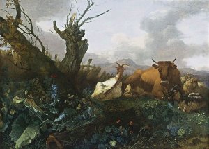 Cow, Goats and Sheep in a Meadow