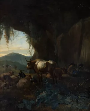 A Shepherd and Cattle in a Cave Oil painting by Willem Romeyn