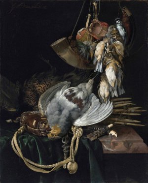 A Partridge, A Pheasant, A Hunting Bag And Traps On A Partially Draped Ledge, Songbirds, A Hunting Horn And Hawking Hoods Hanging Above by Willem Van Aelst Oil Painting