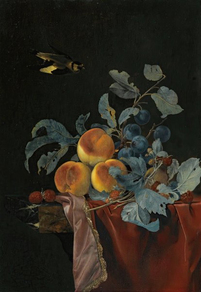 Main Product Photo of A Still Life With Peaches, Raspberries And Damsons On A Partially Covered Marble Ledge, A Bird Flying Above Painting by Willem Van Aelst