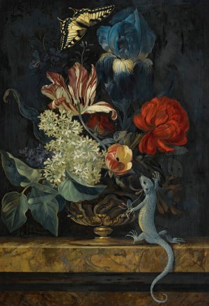 A Still Life With Tulips And Other Flowers In A Vase On A Marble Ledge, With A Lizard And A Butterfly by Willem Van Aelst Oil Painting