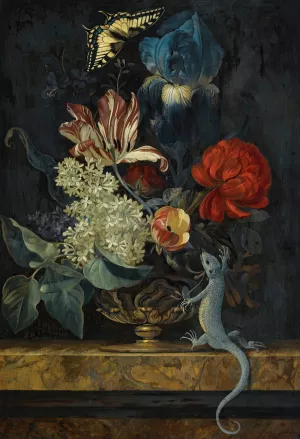 A Still Life With Tulips And Other Flowers In A Vase On A Marble Ledge, With A Lizard And A Butterfly by Willem Van Aelst Oil Painting