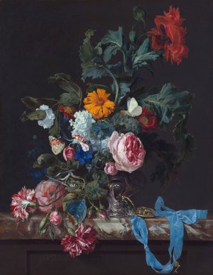 Flower Still Life with a Timepiece by Willem Van Aelst Oil Painting