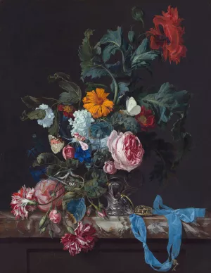 Flower Still Life with a Timepiece by Willem Van Aelst Oil Painting
