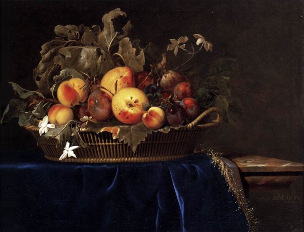 Main Product Photo of Still-Life with a Basket of Fruit on a Marble Ledge Painting by Willem Van Aelst
