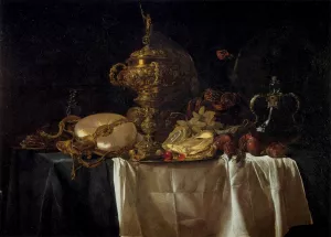 Still-Life with Fruit, Parrot, and Nautilus Pitcher Oil painting by Willem Van Aelst