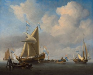 A calm with a States Yacht firing a salute by Willem Van De Velde The Younger Oil Painting