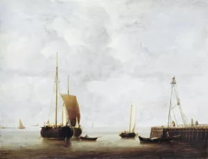 A Dutch Hoeker at Anchor near a Pier painting by Willem Van De Velde The Younger