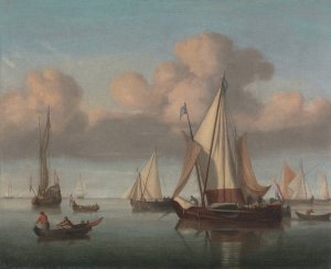 A Kaag at Anchor with Sails Hoisted and a State Yacht and Other Vessels by Willem Van De Velde The Younger Oil Painting